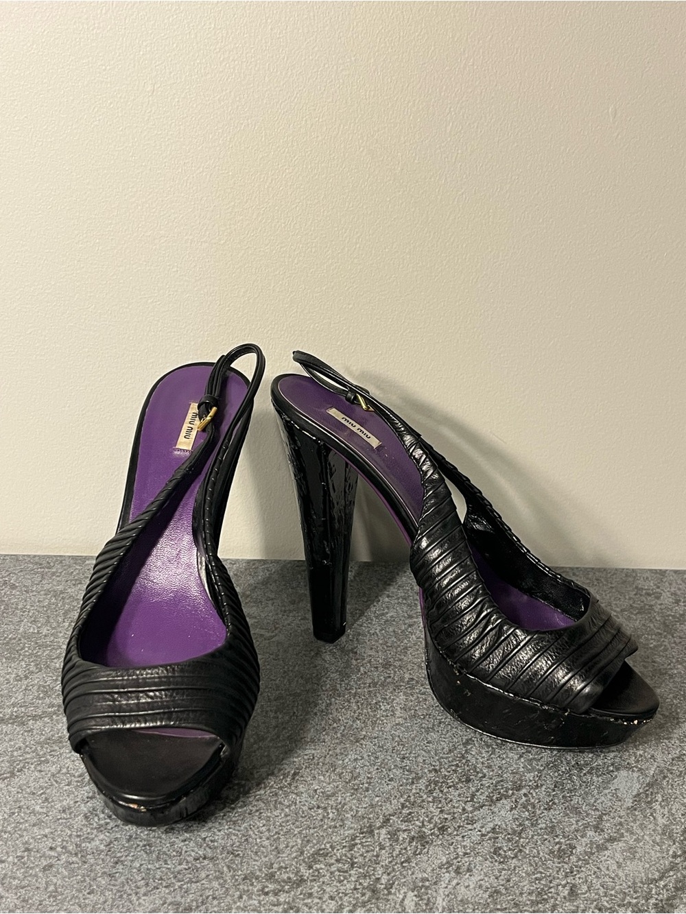 Miu Miu Slingback Peep-Toe Platform Heels in Black